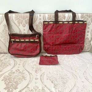 Three-Piece Red Floral Tote Set with Adjustable Crossbody and Pouch